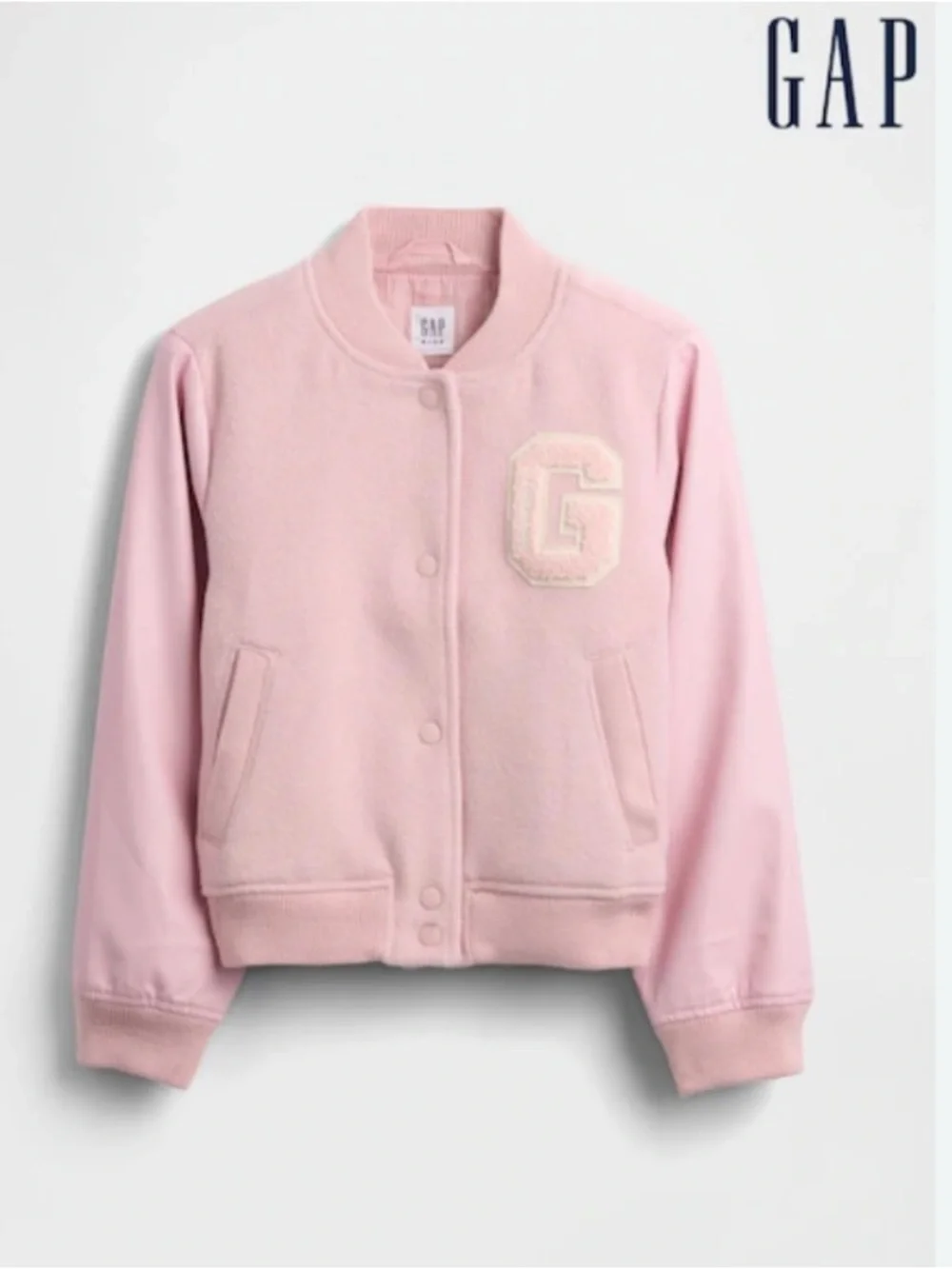 GAP Light Pink Kids Wool-Blend Varsity Bomber Jacket XS